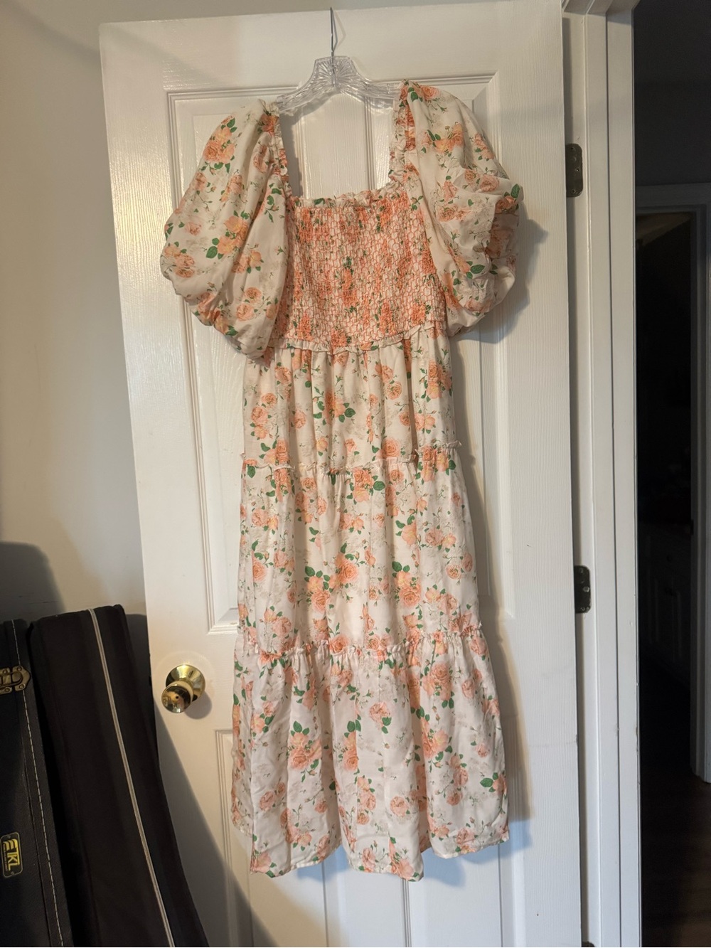 Smocked Puff Sleeve Floral Maxi Dress in Cream and Peach